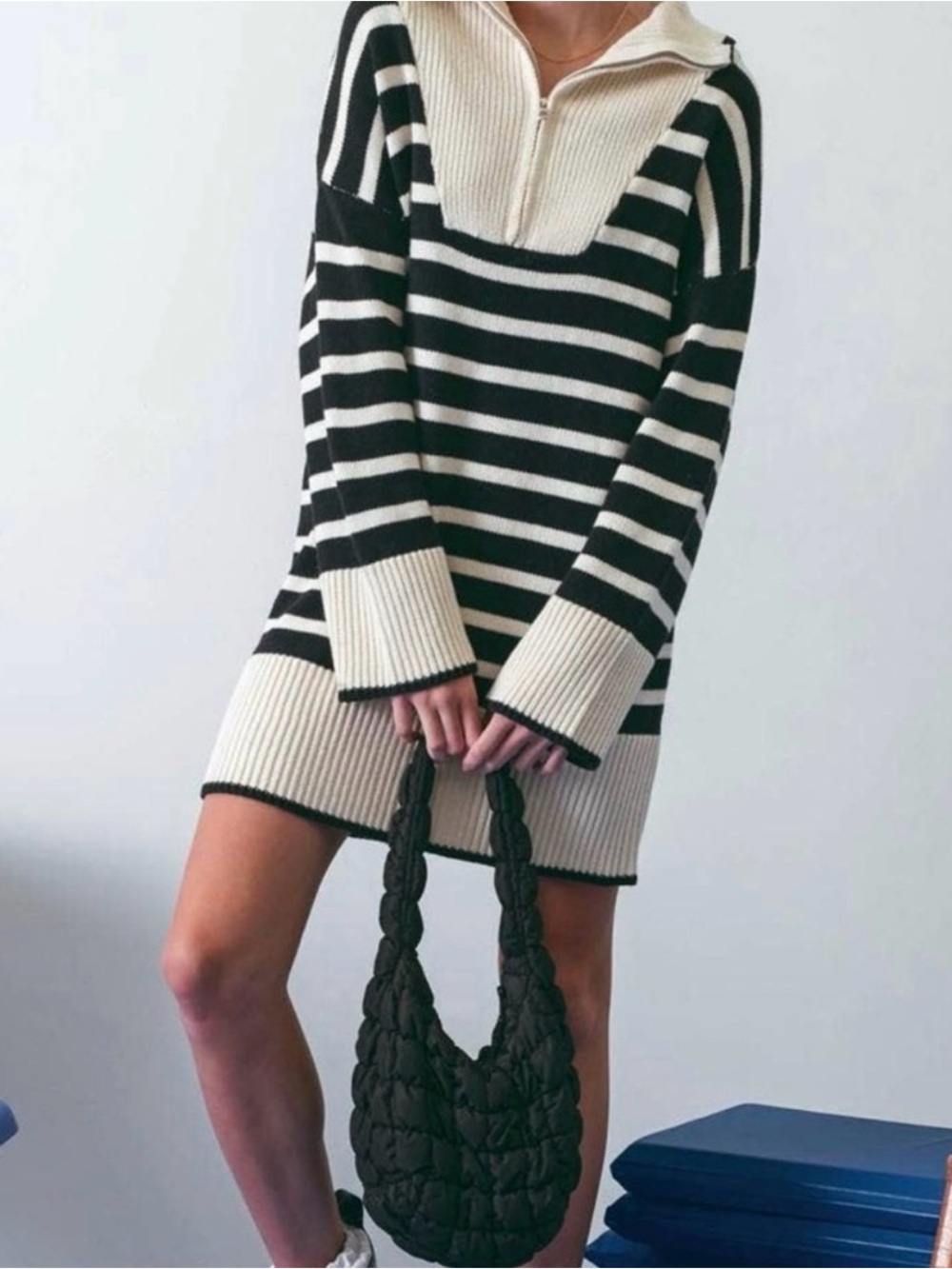 Blu Pepper Black and Cream Striped Sweater Dress large